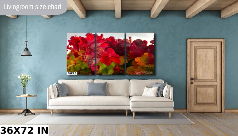 Close-up photo of vibrant red grapevine leaves in autumn, capturing the rich colors and textures of the harvest season. The bright, detailed foliage makes a striking and warm addition to any home decor, perfect for celebrating the beauty of fall.