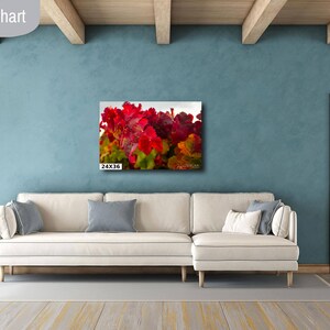 Close-up photo of vibrant red grapevine leaves in autumn, capturing the rich colors and textures of the harvest season. The bright, detailed foliage makes a striking and warm addition to any home decor, perfect for celebrating the beauty of fall.