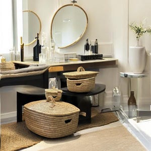 Woven laundry basket set of 3 - rectangular palm basket with lid - woven basket for laundry - ecological and sustainable - 100% handmade
