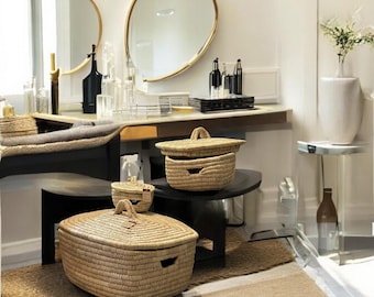 Conjunto de 3 cestos de roupa suja trançados - cesto de palmeira retangular com tampa - cesto de tecido para roupa suja - ecológico e sustentável - 100% artesanal
