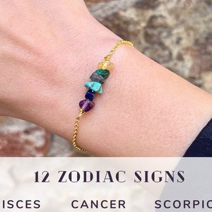 Bracciale con segno zodiacale in argento sterling, gioielli astrologici con cristalli grezzi