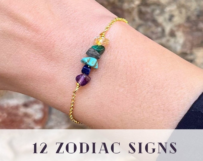 Zodiac Sign Bracelet Sterling Silver, Raw Crystals Astrology Jewelry