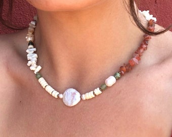 Freshwater Pearl Beaded Necklace, Summer Pearl Choker, White Coral, Agate, Mother of Pearl, Sterling Silver