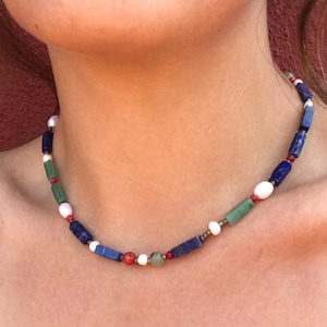 Lapis Lazuli, Coral, Green Aventurine, Natural Pearl Necklace, Genuine Fresh Water Pearl Necklace, Beaded Pearls Summer Necklace