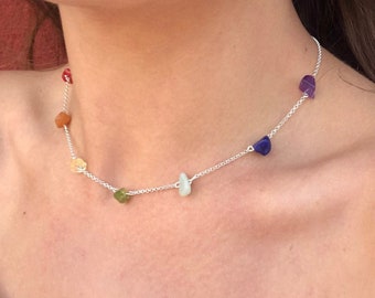 Raw Chakra Crystal Necklace, Dainty 7 Chakra Stones Healing Crystals Choker Necklace, Delicate Sterling Silver Necklace