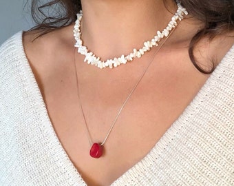 Red Coral Necklace 925k Sterling Silver, Layering Stone Necklace Men and Women, Black Friday Sale