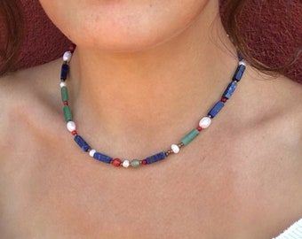 Lapis Lazuli Beaded Necklace, Lapis Lazuli Choker, Lapis and Pearl Choker, Sterling Silver Gold Filled, Layering Necklace