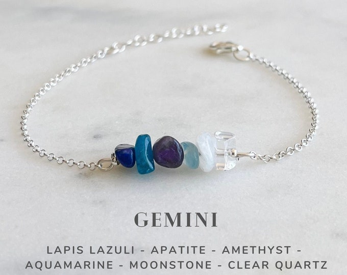 Gemini Crystals Bracelet Sterling Silver, Zodiac Sign Astrology Jewelry