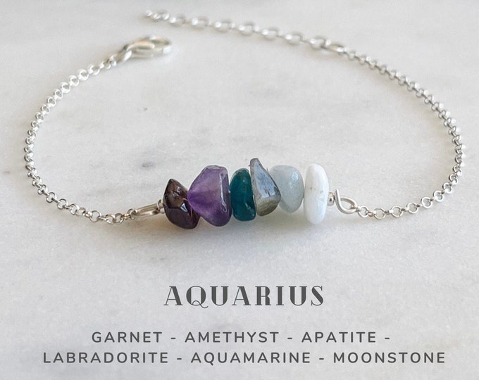 Aquarius Crystals Bracelet Sterling Silver, Zodiac Sign Astrology Jewelry