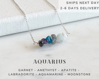 Aquarius Necklace Sterling Silver, Raw Crystals Zodiac Sign Astrology Jewelry