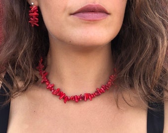 Beaded Red Coral Necklaces for Women, Red Coral Bracelet for Women, Gemstone Choker Necklace, Statement Jewelry, Handmade Stone Jewelry