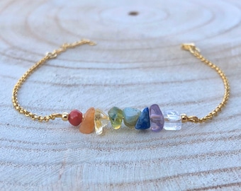 7 Chakra Bracelet Sterling Silver, Raw Crystal Chakra Jewelry, Rainbow Bracelet