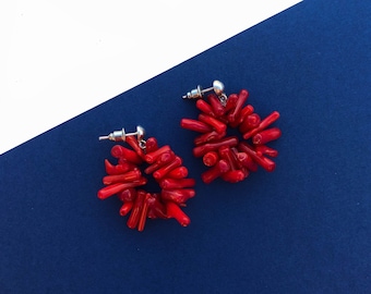 Raw Red Coral Earrings, Red Stone Earrings, Sterling Silver Gemstone Jewelry, Birthday Gift, Gifts for Mom, Coral Jewelry Gift