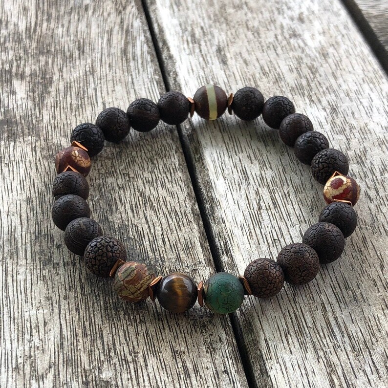 Tibetan Agate Anxiety Bracelet, Men Healing Crystal Zen Jewelry, Stress Relief Zen Bracelet, Mens and Womens Unisex Bracelet, Gift for Men Brown Bigger Beads