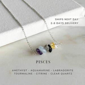 Pisces Zodiac Sign Necklace Sterling Silver, February March Birthday Gifts, Raw Crystals Astrology Jewelry