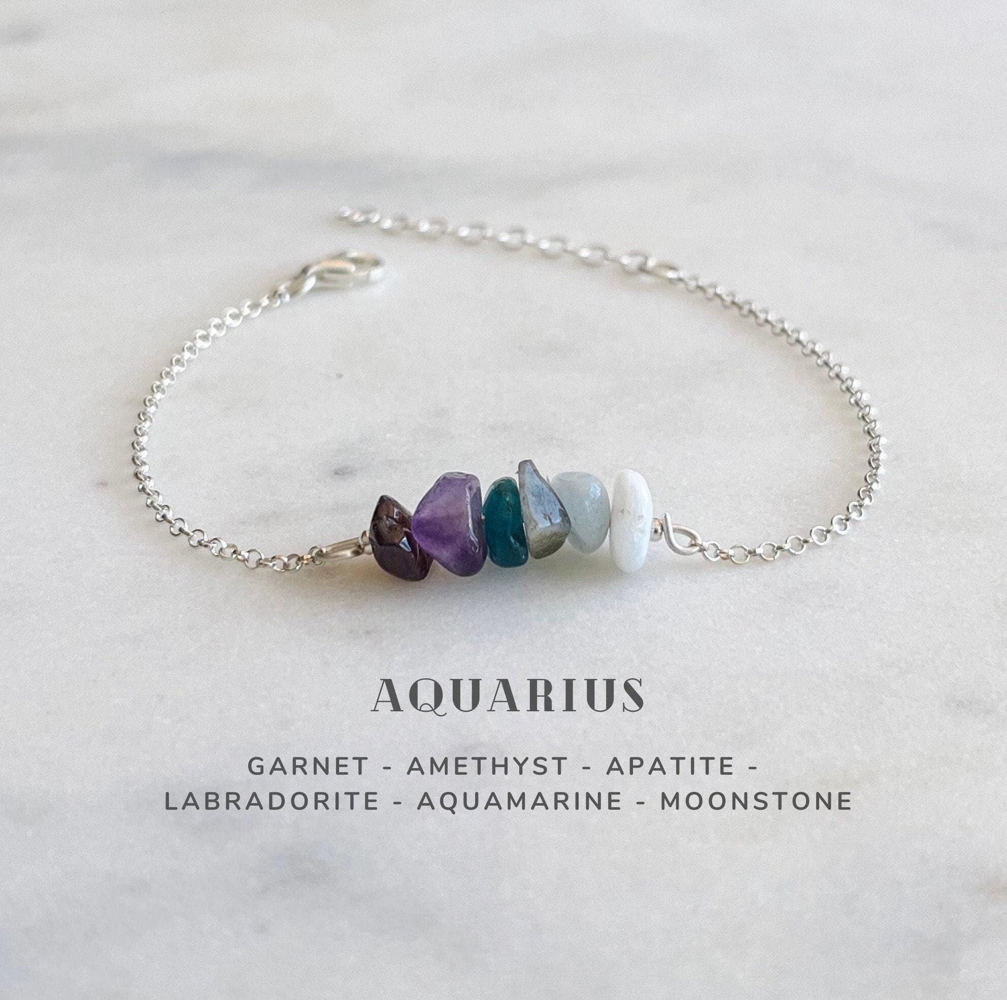 Aquarius Crystals Bracelet Sterling Silver, Zodiac Sign Astrology