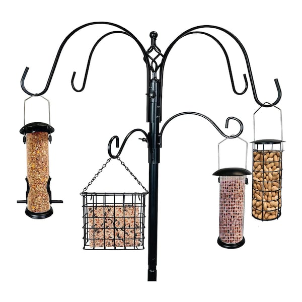 Ashman Deluxe Premium Bird Feeding Station, 22" Wide x 91" Tall (82 inch Above Ground) Black with 4 Multiple Hooks and 4 Bird Feeders