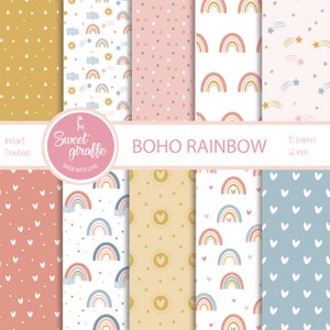Boho Rainbow Pattern e Cliparts, pacote de papel digital para impressão - pacote de arco-íris para bebês do berçário