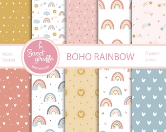 Paquete de papel digital arcoíris bohemio: Cliparts para guardería (descarga digital)