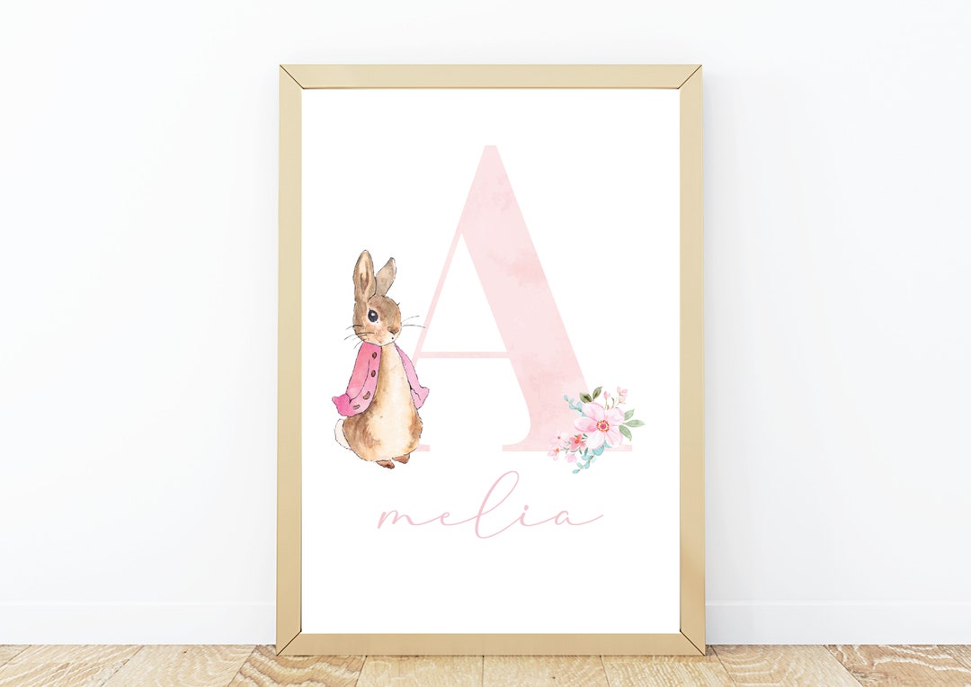 Personalised Pink Floral Flopsy Rabbit Initial Print | Nursery Print ...