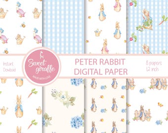 May include: Eight digital papers featuring Peter Rabbit illustrations. The papers include a blue and white gingham pattern, a floral pattern, a pattern with Peter Rabbit holding a carrot, and a pattern with Peter Rabbit holding a watering can. The papers are 12 inches by 12 inches.