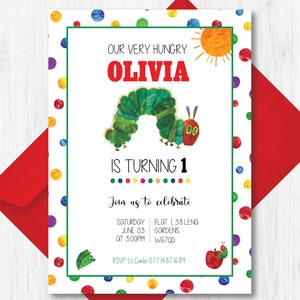 May include: A colourful invitation with a white background and a polka dot border. The invitation features a green caterpillar with a red head and a sun with a smiling face. The text reads "Our Very Hungry Olivia is Turning 1. Join us to celebrate Saturday June 03 at 3:00PM. RSVP to Carla 07714871689."