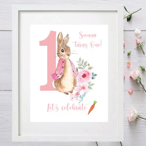 Editable Flopsy Bunny Birthday personalised frame Pink - Peter Rabbit Birthday frame Watercolor Color Template