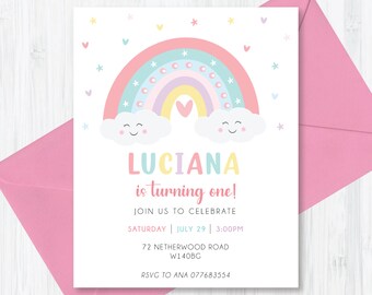 May include: A colorful rainbow birthday invitation with a pink, blue, and yellow color scheme. The invitation features a rainbow with clouds and the text "LUCIANA is turning one!"  Join us to celebrate Saturday, July 29 at 3:00 PM. 72 Netherwood Road, W140BG. RSVP to Ana 077683554.