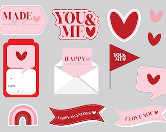 May include: A collection of Valentine's Day themed stickers and labels in shades of red and pink. Designs include hearts, speech bubbles, banners with text like "Made with Love" and "I Love You", and a rainbow.