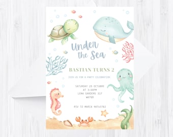 Under the Sea Birthday Invitation , Ocean Party Invite, Editable Canva Template, Printable Mermaid Theme