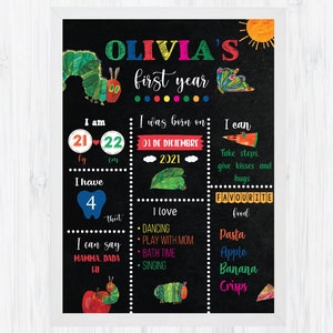 The Very Hungry Caterpillar  First Birthday Poster -  First Birthday Milestone Sign, Birthday Chalkboard Sign