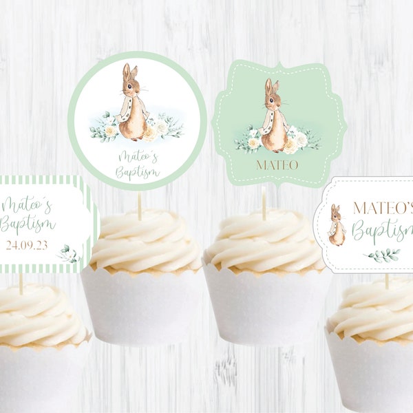 Peter Rabbit baptism cupcakes topper - Peter Rabbit christening toppers- Watercolor neutral  Digital Color Template