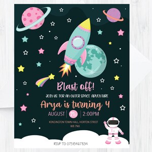 Blast off digital invitation birthday card- outer space birthday girl. Space, stars, rockets, planets party