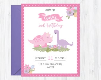 かわいい恐竜パステルガール招待状、女の子の誕生日恐竜招待状、恐竜誕生日招待状