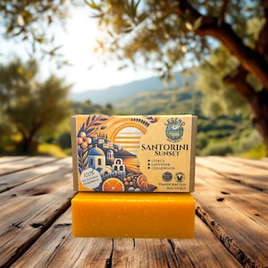 Santorini Sunset – Sapone alla lavanda e agli agrumi / Processo a freddo / Ingredienti biologici / Botanico / Fatto a mano / Collezione isole greche