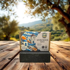 Mykonos Mist – Sapone al carbone di melaleuca / Processo a freddo / Ingredienti biologici / Botanico / Fatto a mano / Collezione isole greche