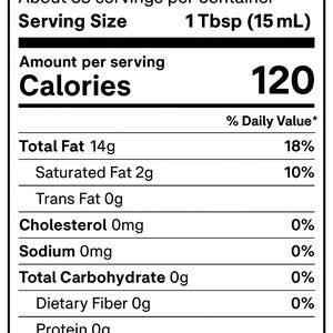 May include: A nutrition facts label with black text on a white background. The label includes information on serving size, calories, total fat, saturated fat, and other nutritional data. The serving size is 1 Tbsp (15 mL), and there are 120 calories per serving.