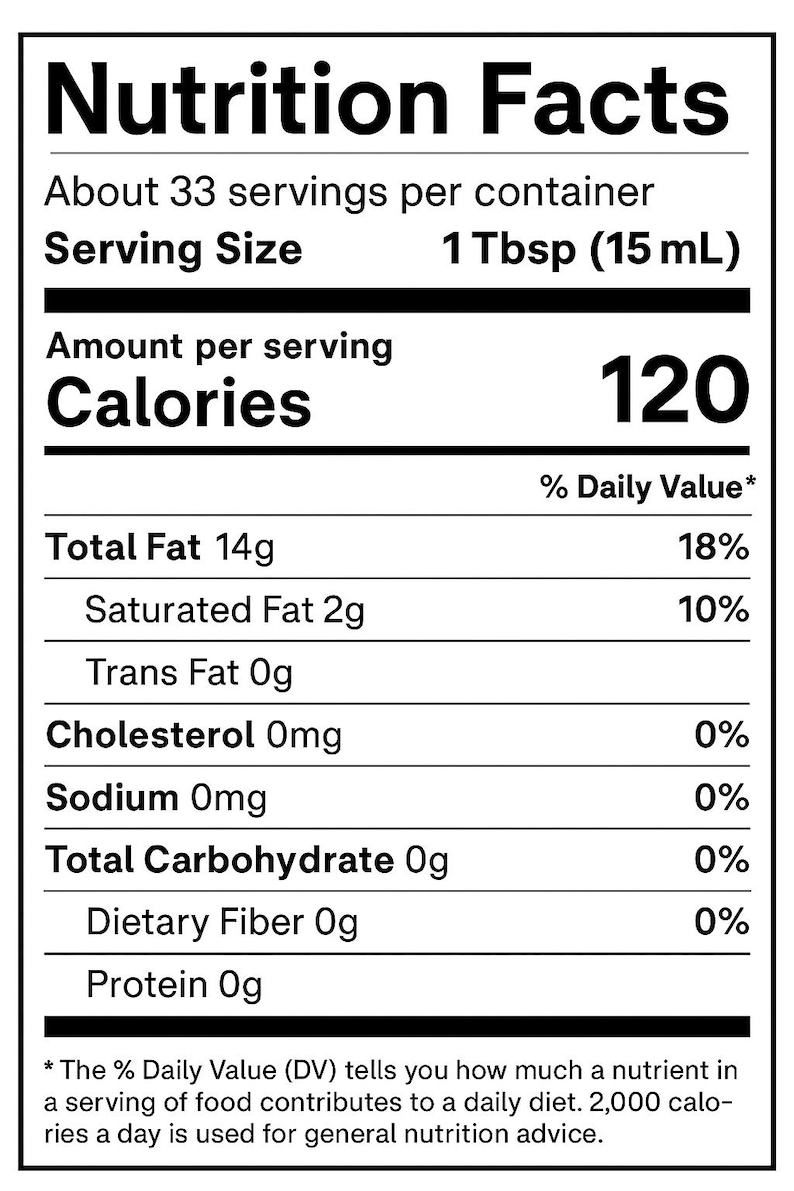 May include: A nutrition facts label with black text on a white background. The label includes information on serving size, calories, total fat, saturated fat, and other nutritional data. The serving size is 1 Tbsp (15 mL), and there are 120 calories per serving.