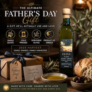 May include: An olive oil bottle with a cork stopper, labeled "ELINA" and "Extra Virgin Single Estate Oil." The image includes a gift box, a small bowl of oil, bread, and olives. Text reads "Father's Day Gift."