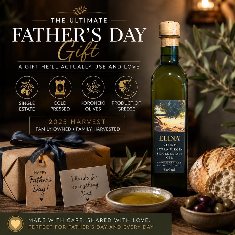 May include: An olive oil bottle with a cork stopper, labeled "ELINA" and "Extra Virgin Single Estate Oil." The image includes a gift box, a small bowl of oil, bread, and olives. Text reads "Father's Day Gift."