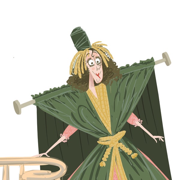 Illustration of Carol Burnett in famous "Gone With the Wind" curtain dress sketch