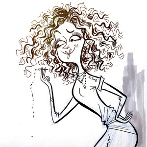 May include: A black and white line drawing of a woman with curly hair, wearing a white shirt with the text "OITNB" on it, blue jeans, and black shoes. The woman is holding a cigarette in her right hand and is looking to the right. The text "Nicky." is written in the lower left corner of the image.