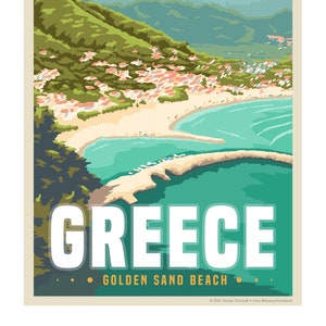 May include: A vintage travel poster for Greece depicting a picturesque beach with turquoise water and a small town nestled in the hills. The text on the poster reads "Greece Golden Sand Beach".