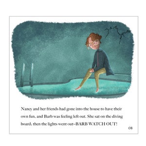 May include: A cartoon illustration of a girl sitting on a diving board in a pool. The pool is dark blue and the diving board is light brown. The girl is wearing a yellow shirt, brown pants, and glasses. The text "BARB WATCH OUT!" is written below the image.