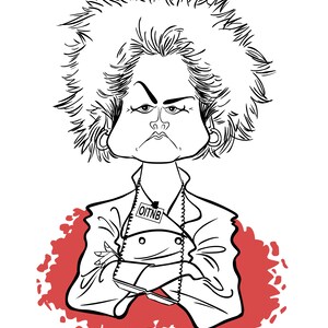 May include: Black and white line drawing caricature of a person with short, spiky hair, wearing a white chef's jacket with a name tag that reads "OTNB". The person is holding a knife in their crossed arms. The background is a red splatter pattern.