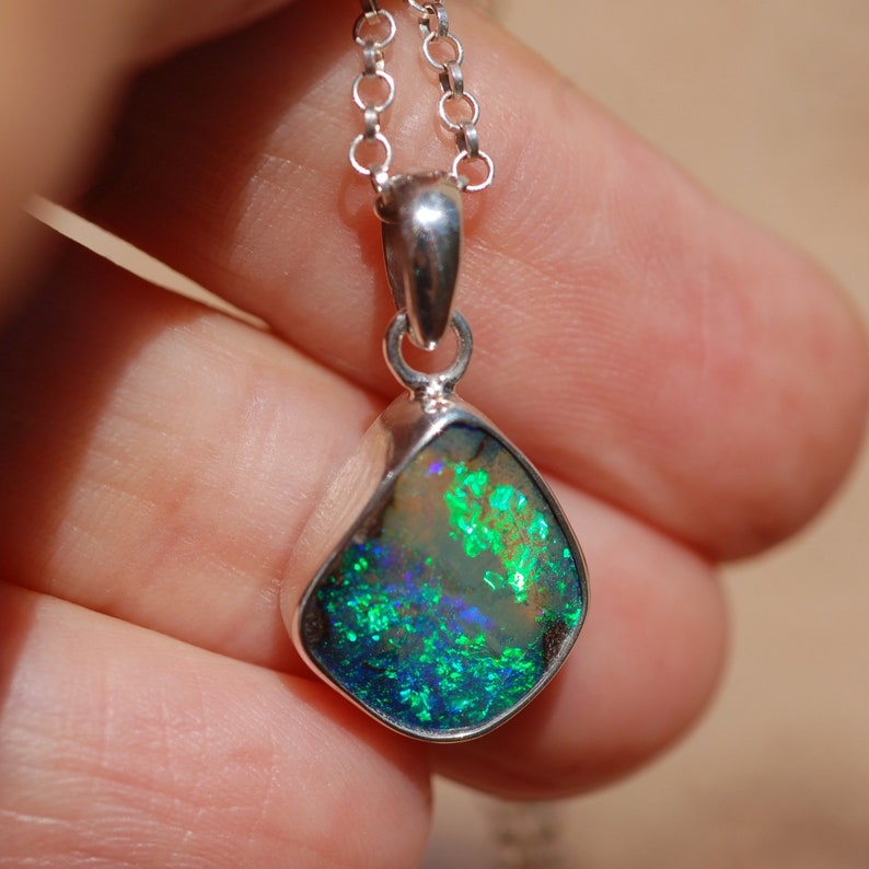 4.60cts Australian Solid Boulder Opal Pendant in Sterling Silver Sparkling Green-Blue Fire