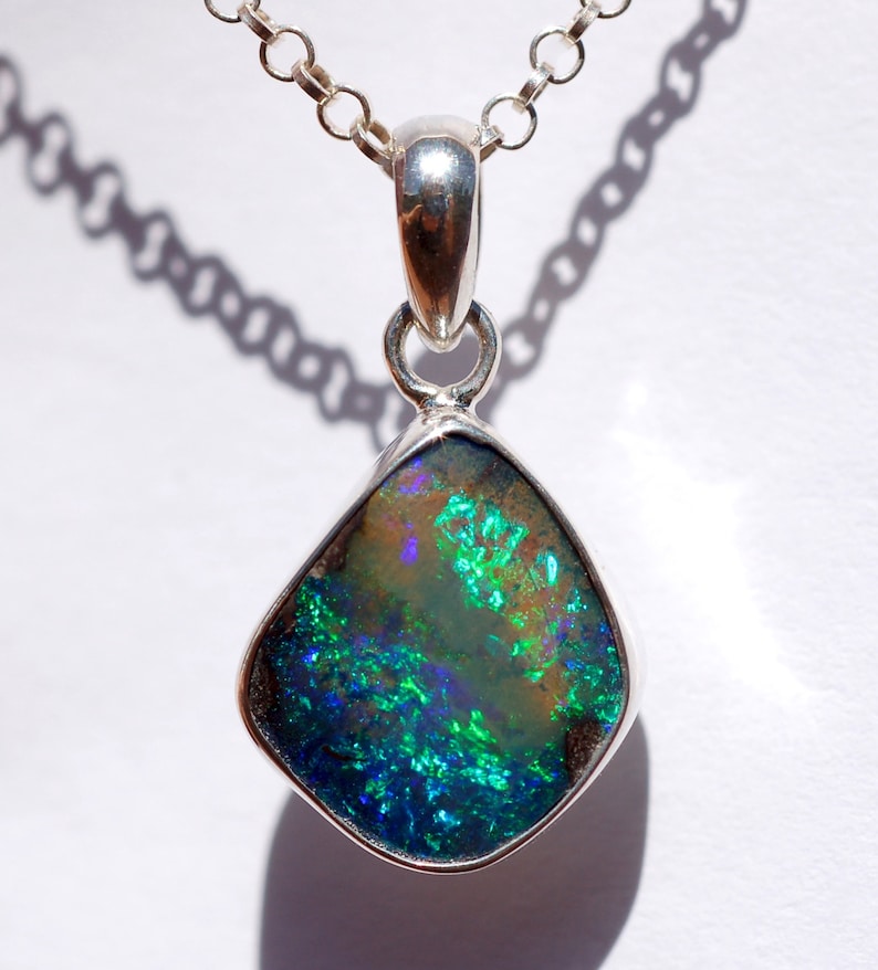 4.60cts Australian Solid Boulder Opal Pendant in Sterling Silver Sparkling Green-Blue Fire