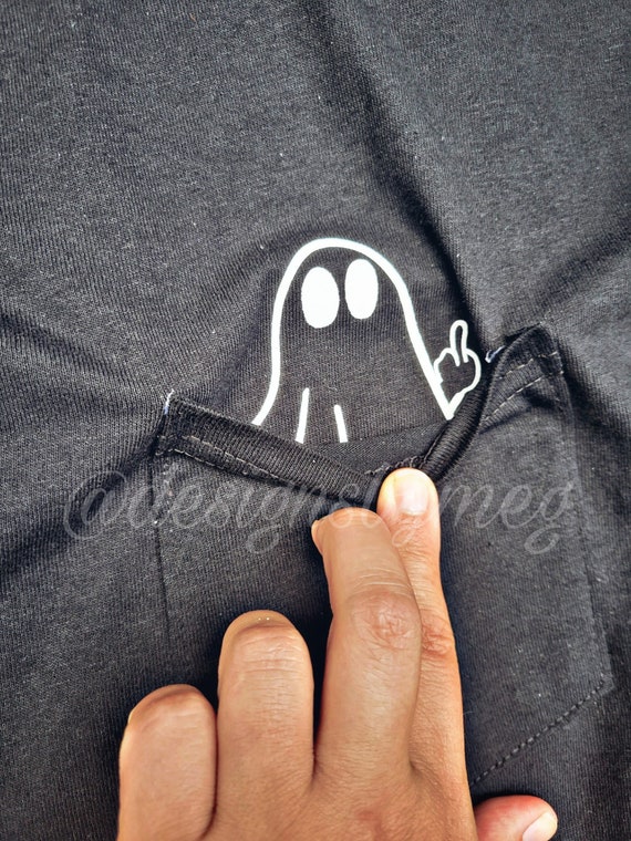 Black Halloween Ghost Middle Finger Peek-a-boo Pocket Tee - Short