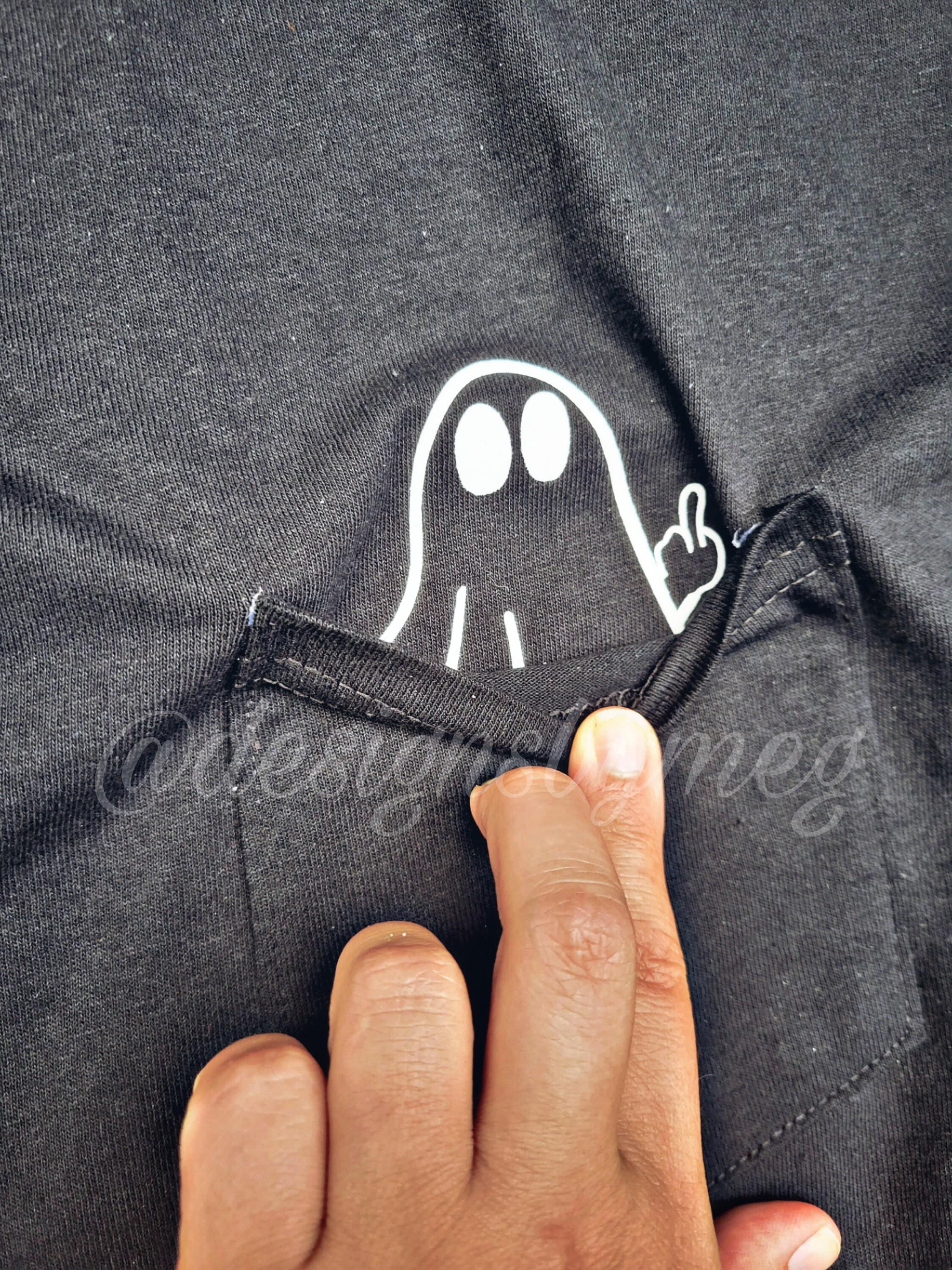 Black Halloween Ghost Middle Finger Peek-a-boo Pocket Tee - Short
