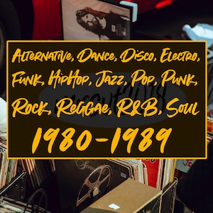 May include: A collection of vinyl records from the 1980s, including genres such as alternative, dance, disco, electro, funk, hip hop, jazz, pop, punk, rock, reggae, R&B, and soul. The records are stacked on top of each other and some are visible in the background.